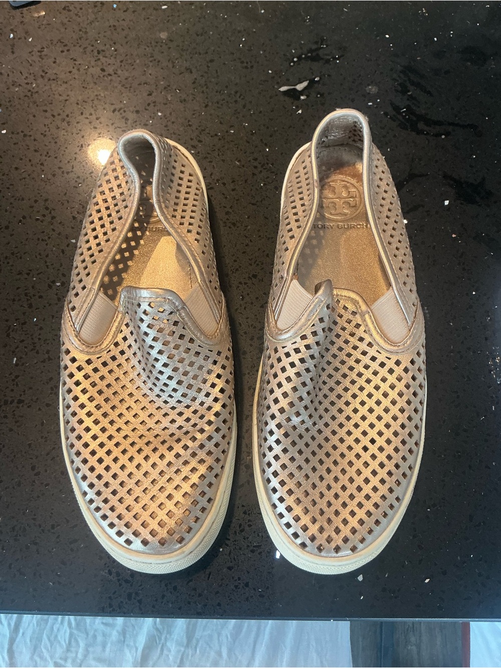 Tory Burch Metallic Rose Gold Perforated Slip-On Sneakers